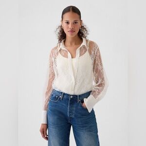 Gap White Sheer Lace Classic Button Down Collar Skirt Long Sleeves Size XL